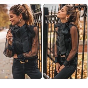 Zara Semi Sheer Pussy Bow Blouse XS!!